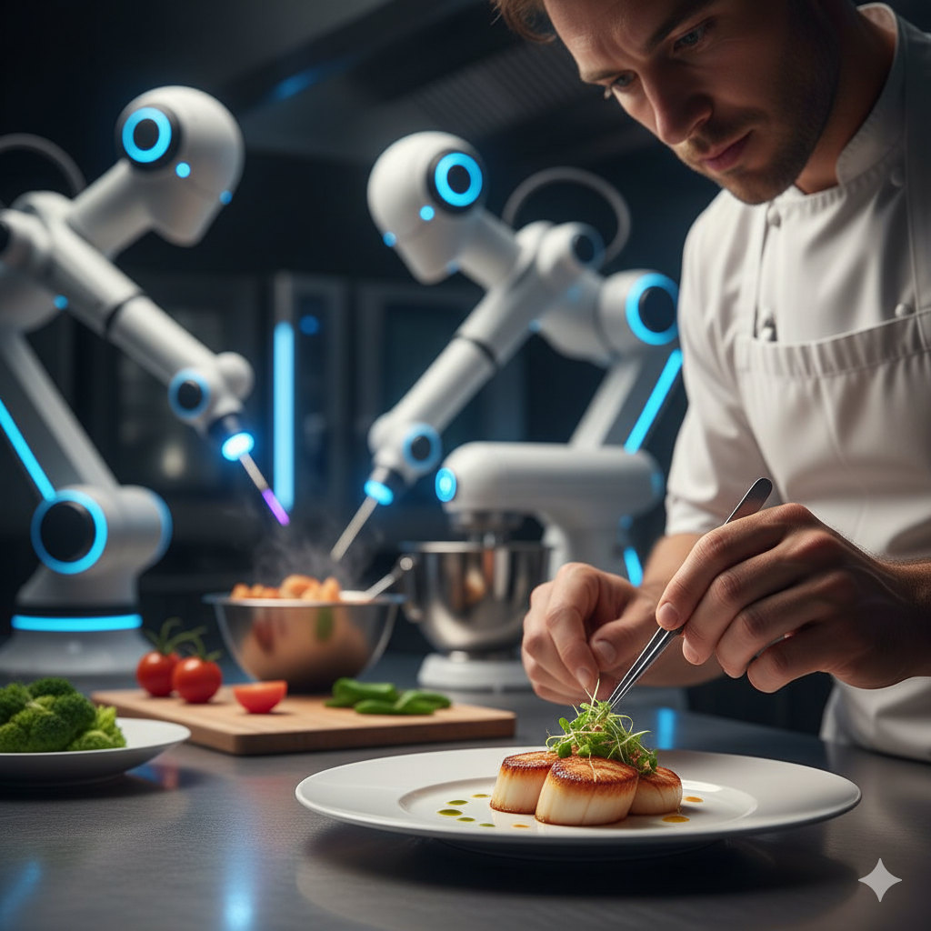 Chef humano añadiendo toques finales a un plato, con robots de cocina de fondo