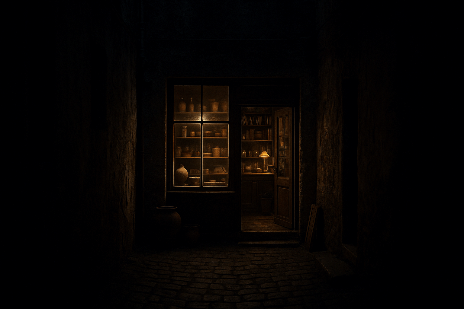Tienda escondida en un callejón oscuro sin señalización