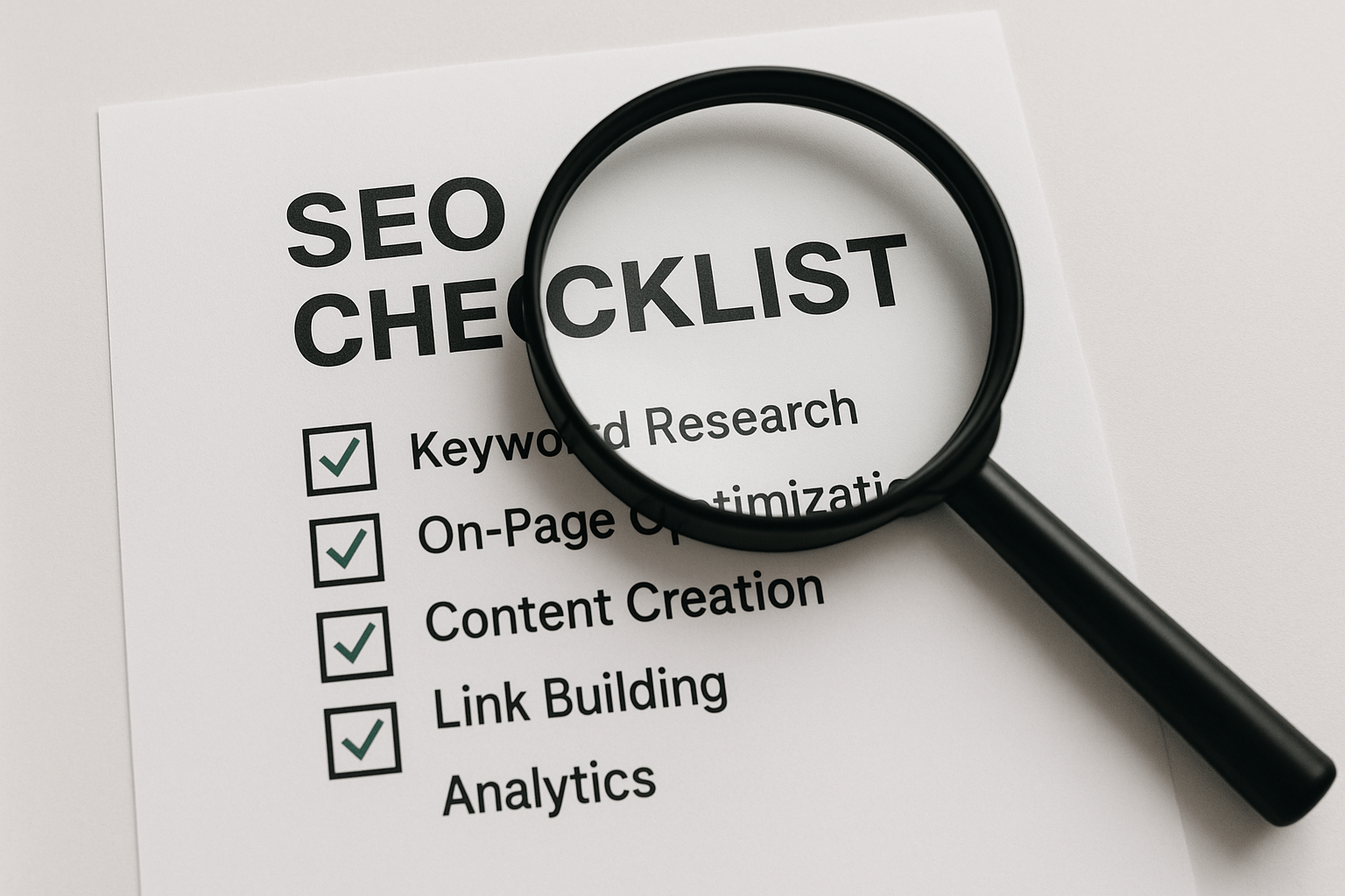 Checklist de tareas SEO revisadas con una lupa