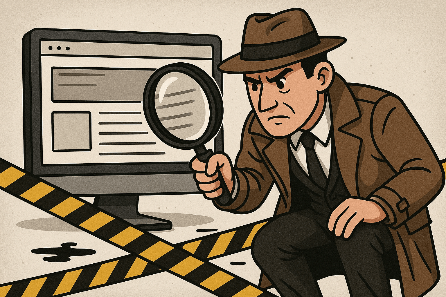 Detective con lupa revisando una web como si fuera una escena del crimen
